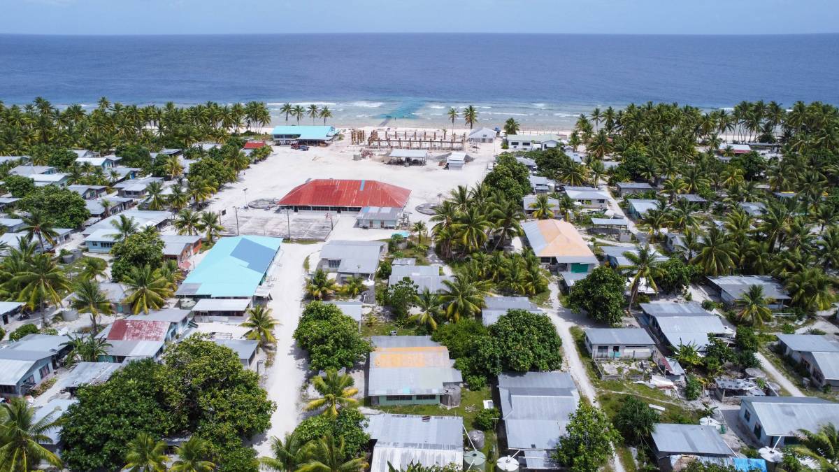 Aerial photo of a village in Tuvalu. 