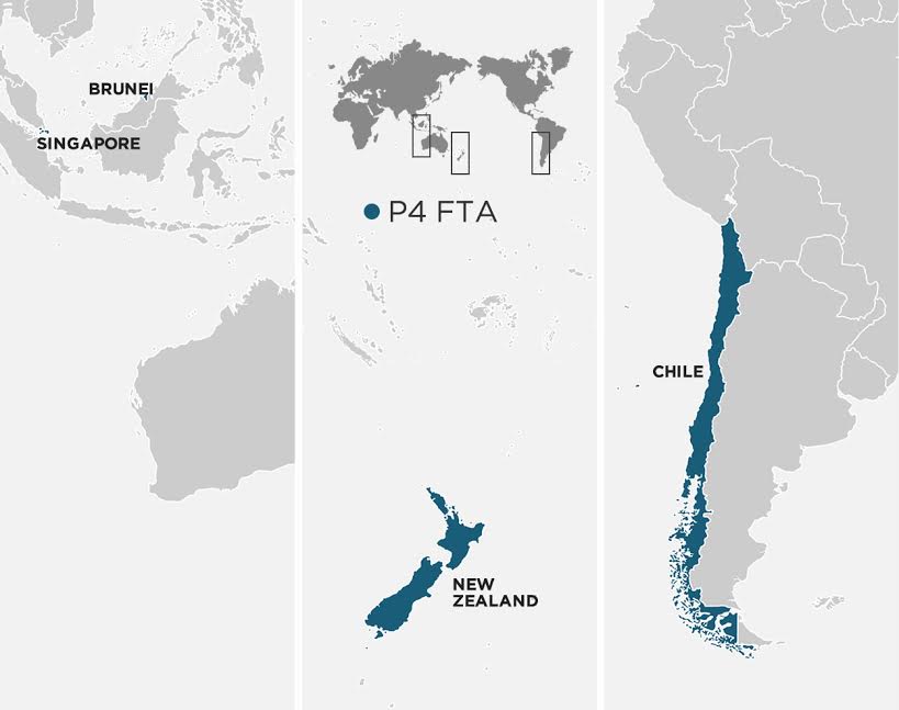 A satellite image showing four places on the planet; Brunei/ Singapore, New Zealand and Chile. Each of these countries is a member of the P4 agreement. . 