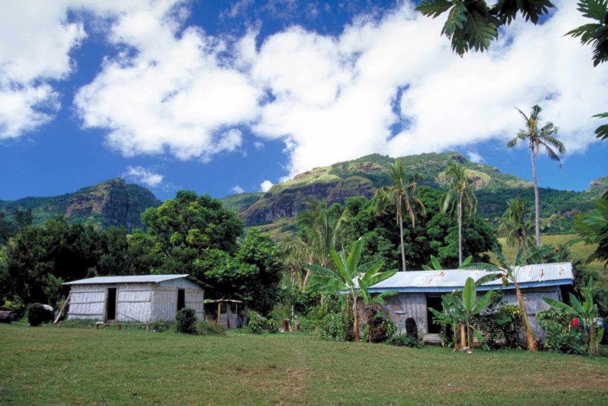 Houses and mountains in Fiji. 