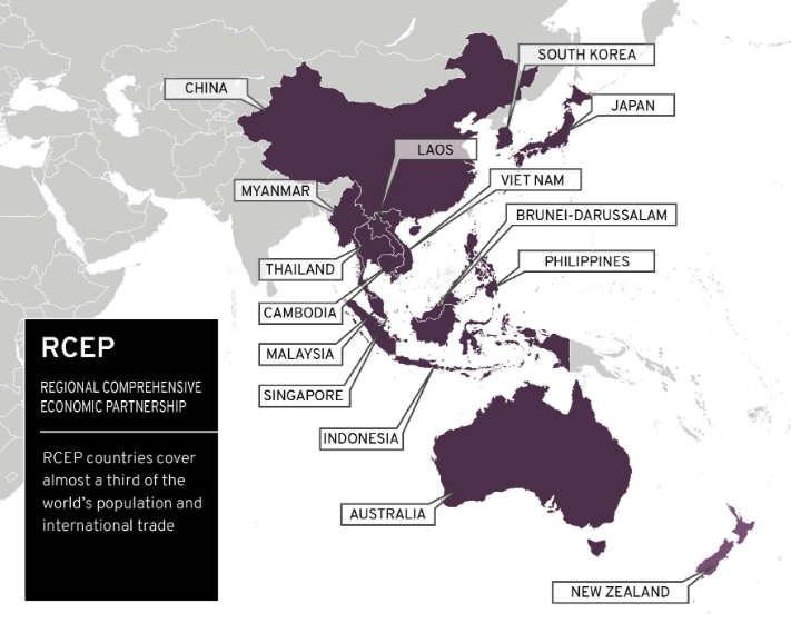 A map showing the countries whom are part of the RCEP..